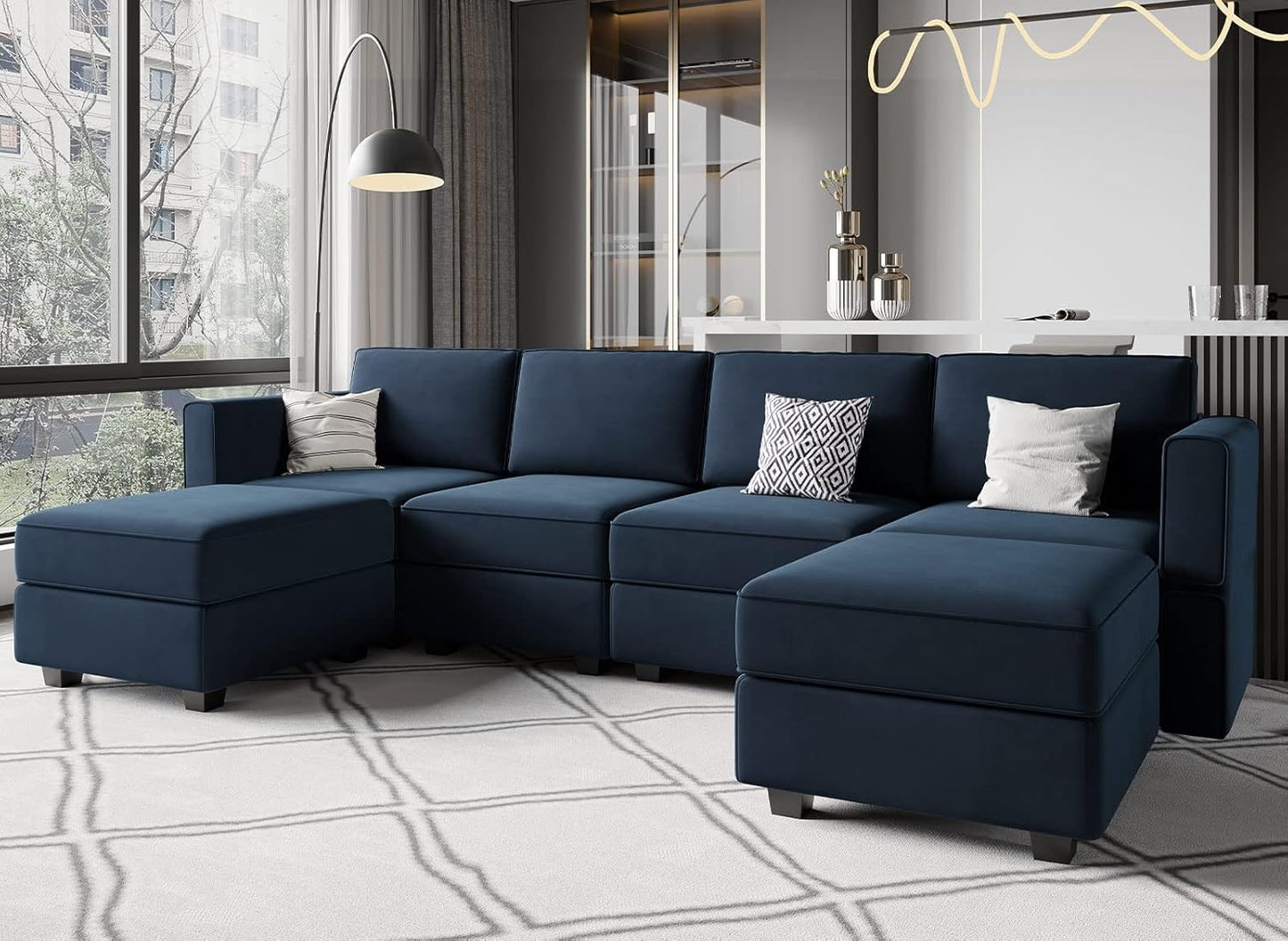 Belffin Modular Sectional Sofa U Shaped Velvet Couch with Reversible Chaise Oversized Couch with Ottoman Blue…