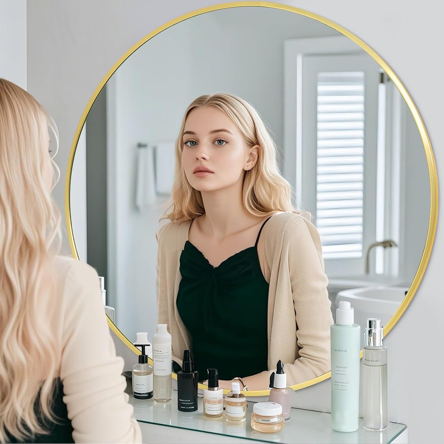 BEAUTYPEAK 30 Inch Round Mirror, Metal Frame Circle Mirror, Wall Mounted for Entryway, Bathroom, Vanity, Living Room, Gold