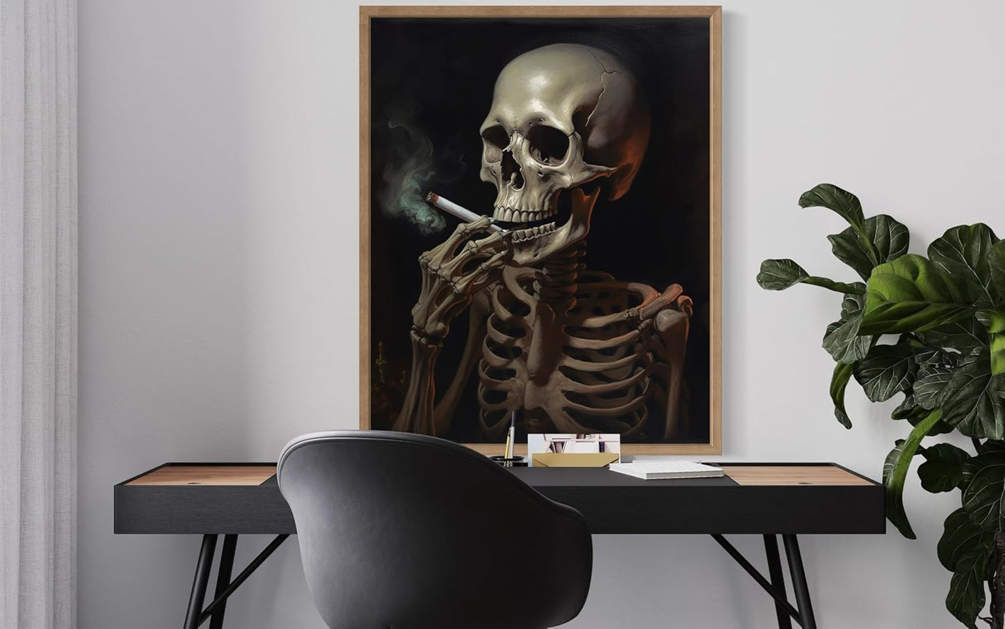 Skull Smoking Ciggarettes Poster Art Print, Halloween Scary Vintage Wall Art Academia Spooky Painting Decoration for Horror Prints, Gothic Posters Bedroom Decor 89 (Skull Smoking Ciggarettes, 11 x 14 inches, Wood Frame)
