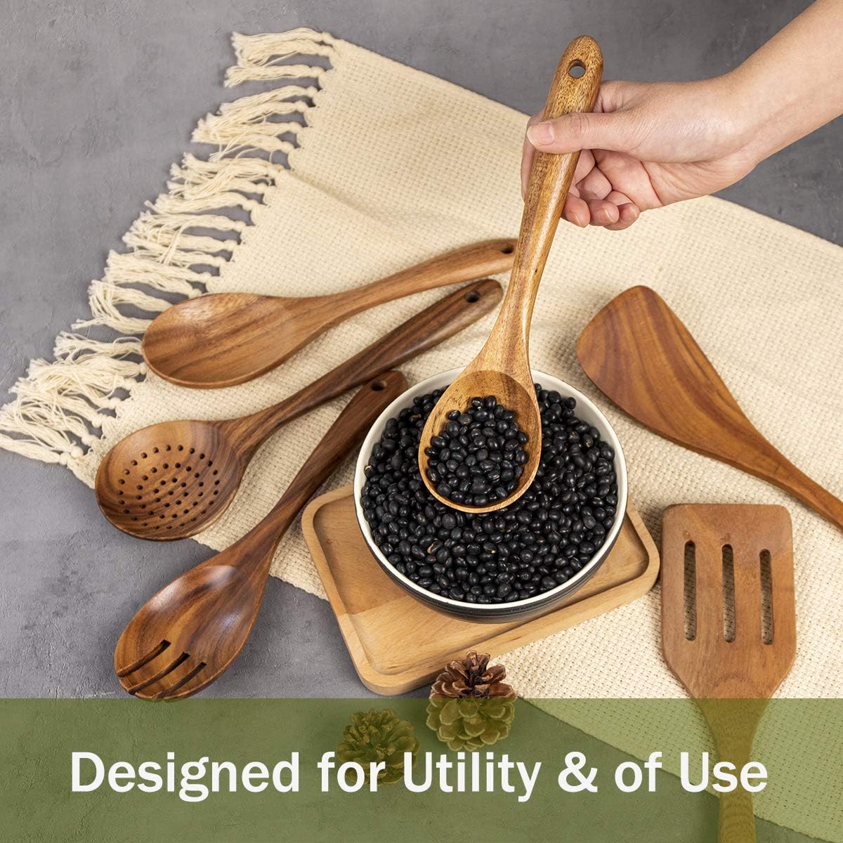 AIUHI 10 Pack Wooden Spoons for Cooking, Teak Wood Kitchen Utensils Set for Non Stick Use, Spatula Set for Stirring, Baking, Non Stick Wooden Utensils for Kitchen