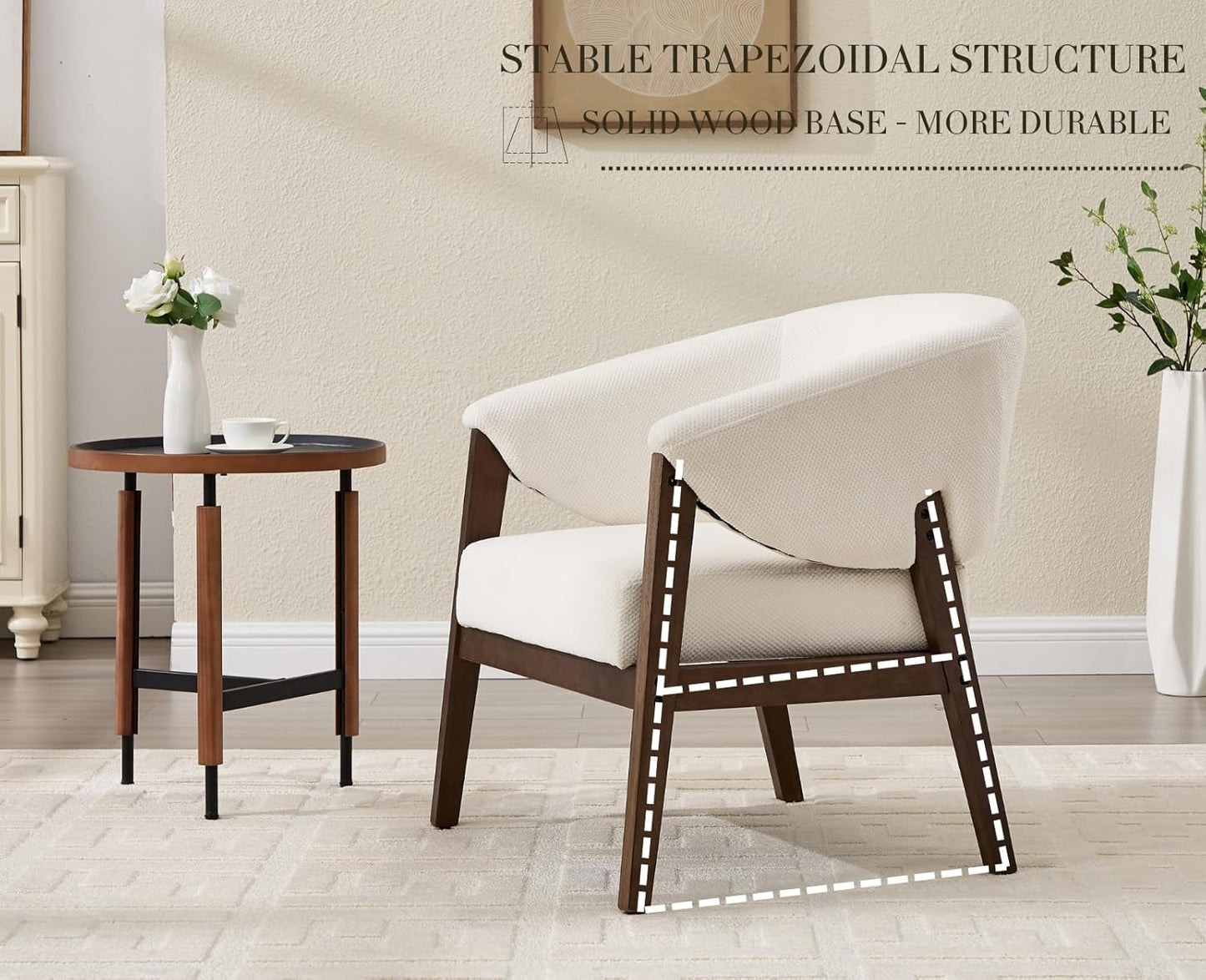 Mid-Century Modern Accent Chairs Set of 2, Comfy Barrel Armchairs with Wide Seat, Upholstered Lounge Chairs with Walnut Wood Legs for Living Room/Bedroom/Reading Corner, Chenille, Beige