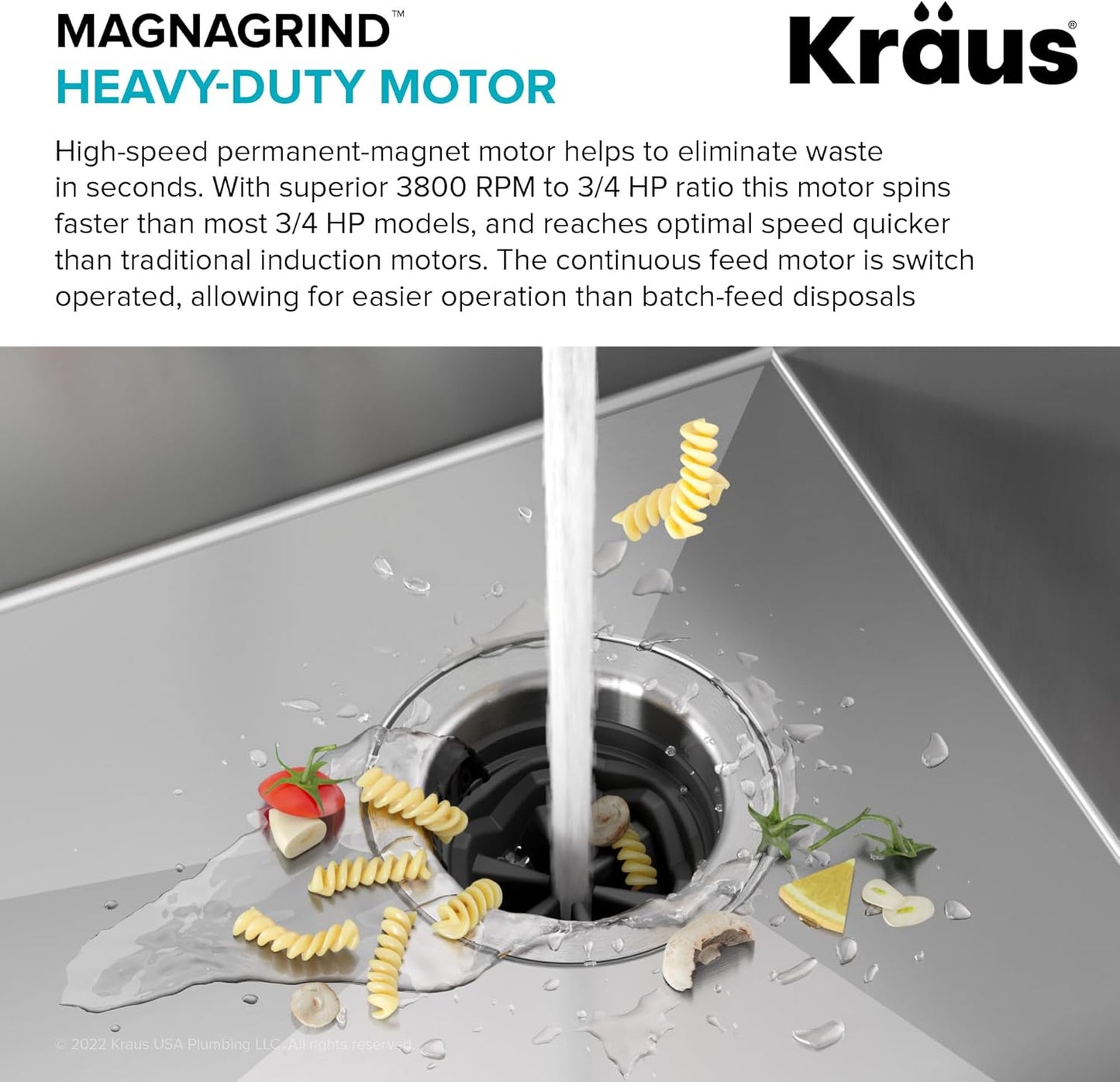 KRAUS WasteGuard High-Speed 3/4 HP Continuous Feed Ultra-Quiet Motor Garbage Disposal with Power Cord and Flange Included and Universal Mount, KWD210-75MGR
