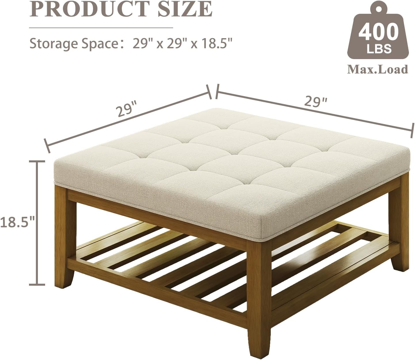 Large Square Ottoman Coffee Table, Linen Solid Upholstered Footrest Ottoman with Solid Wood Shelf Storage Tufted Coffee Table for Bedroom Living Room, Ivory