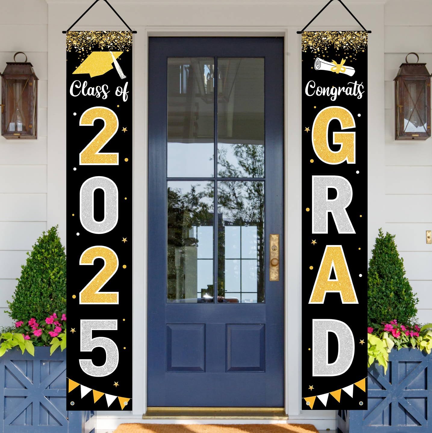 Graduation Decorations 2025 GRAD Banner Black Porch Door Sign Welcome Banner For Indoor Outdoor Wall Graduation Decorations Class of 2025