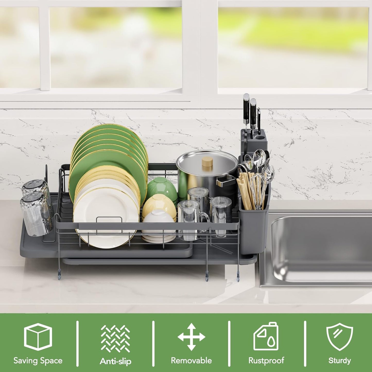 ROTTOGOON Expandable Dish Drying Rack,Multifunctional Adjustable Dish Drainer with Swivel Spout and Anti-Rust Dish Rack with Removable Cutlery & Cup Holders for Kitchen Counter,Dark Grey