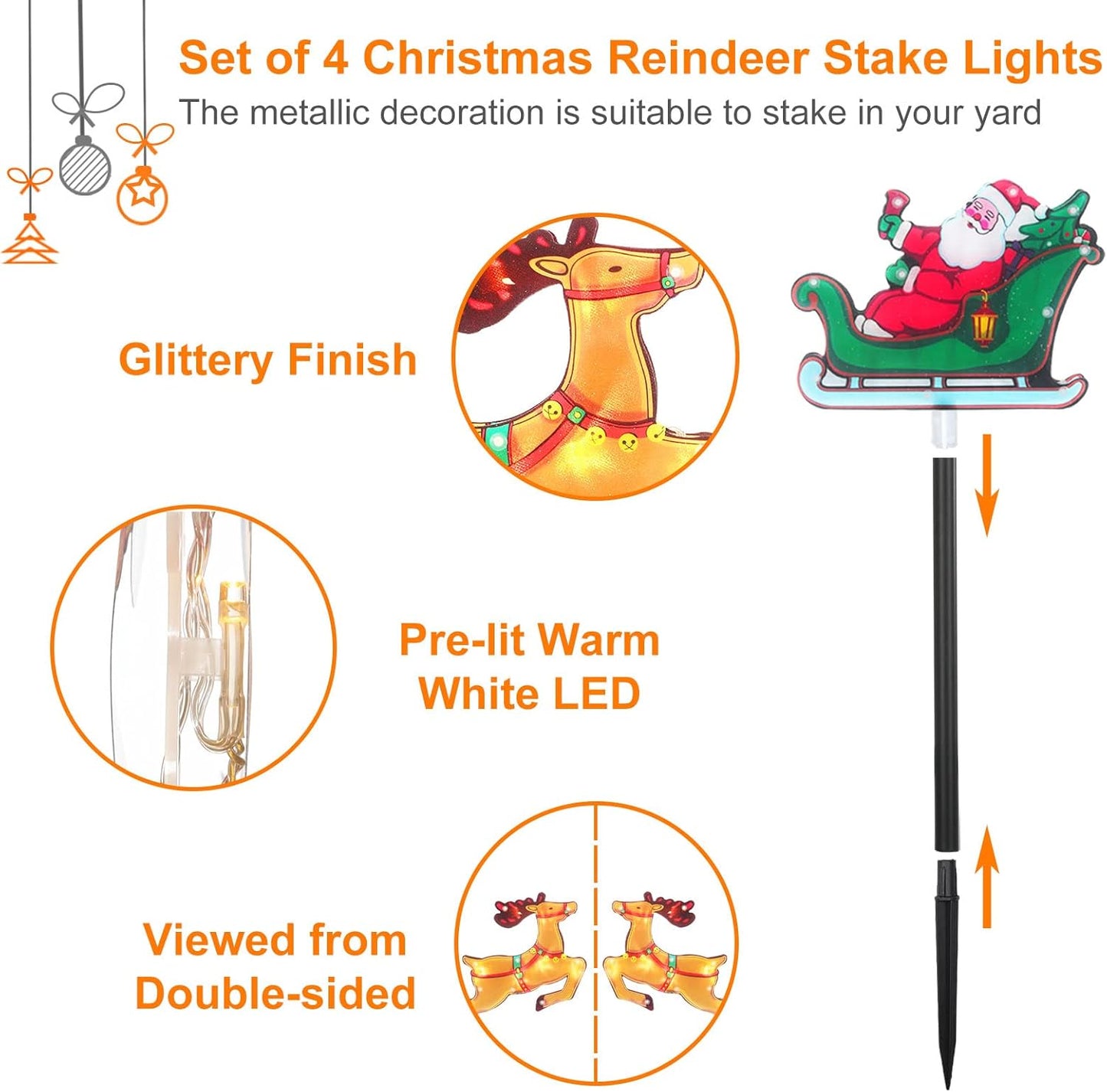 Christmas Silhouette Outdoor Pathway Lights Set of 4 Battery Powered Pre-Lit 30 LEDs Double Sided Christmas Reindeer & Sled Vintage Holiday Outdoor Display Decor for Garden, Patio,Yard, Lawn