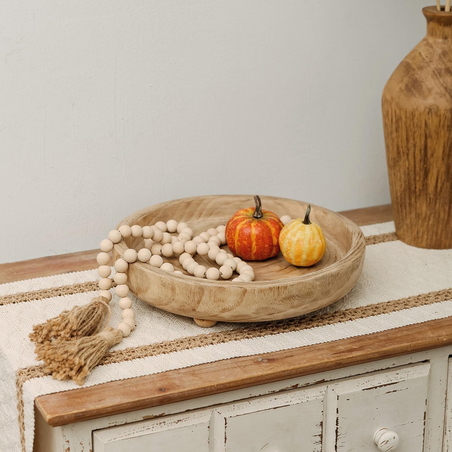 NIKKY HOME 12" Hand Carved Dough Bowls, Paulownia Wood Round Serving Bowl Decorative Wooden Tray, Natural