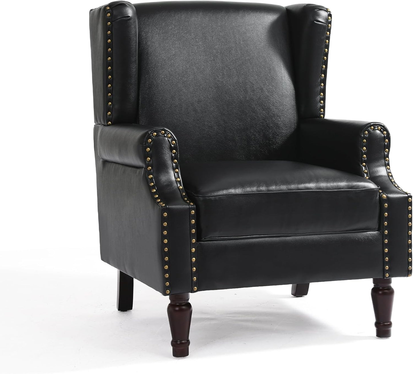 UIXE PU Leather High Back Accent Chair, Upholstered Armchair for Living Room, Retro Wingback Arm Chair Nailhead Trim Single Sofa Bedroom Reading Seat with Solid Wood Legs - Black
