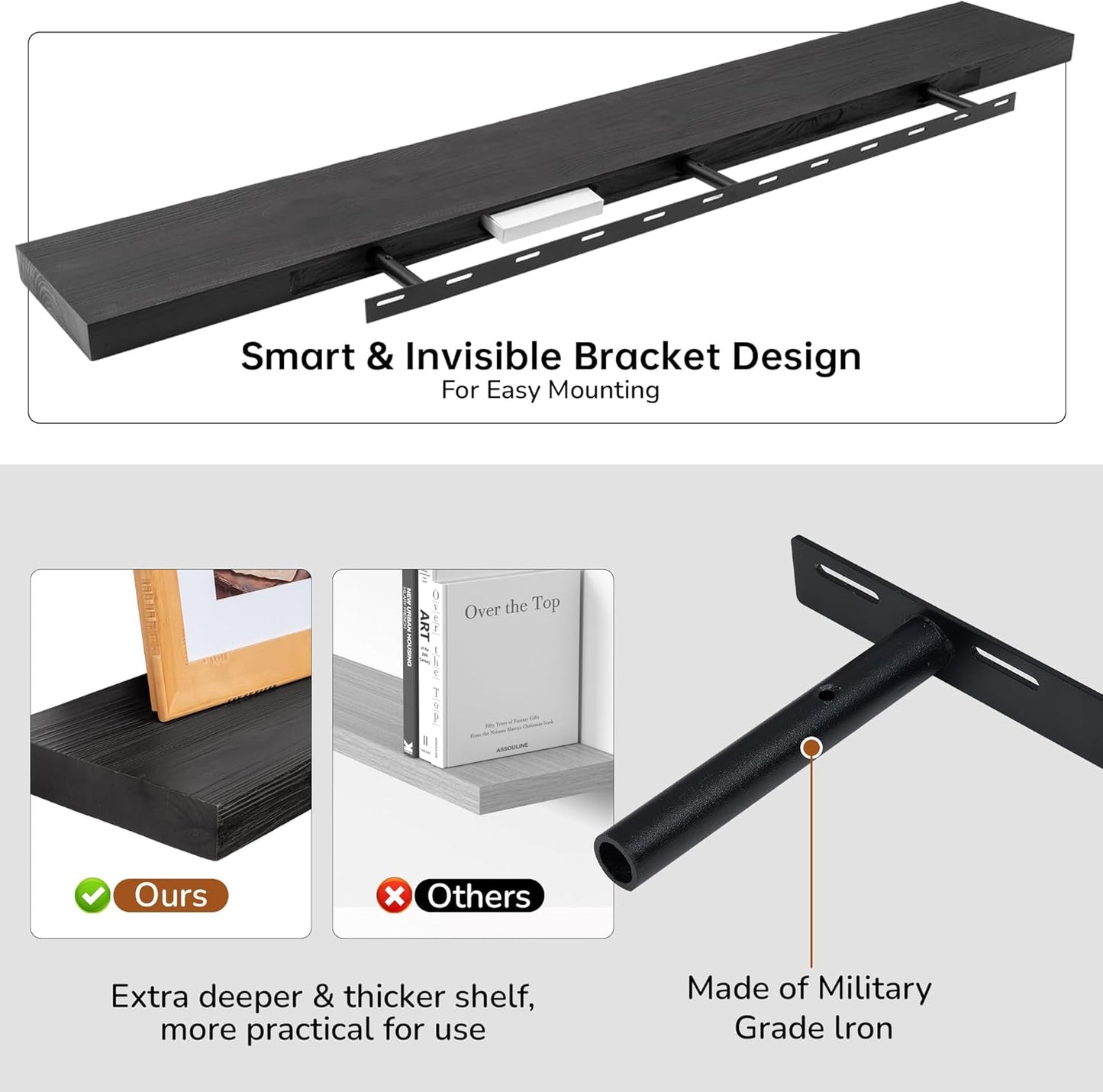 Floating Shelves for Wall, USA-Sourced Fir Wood 55 Inch Wall Shelves Set of 1, Natural Rustic Solid Wooden Floating Shelves Wall Mounted, Nursery Book Storage Shelf, Display Shelf for Bathroom