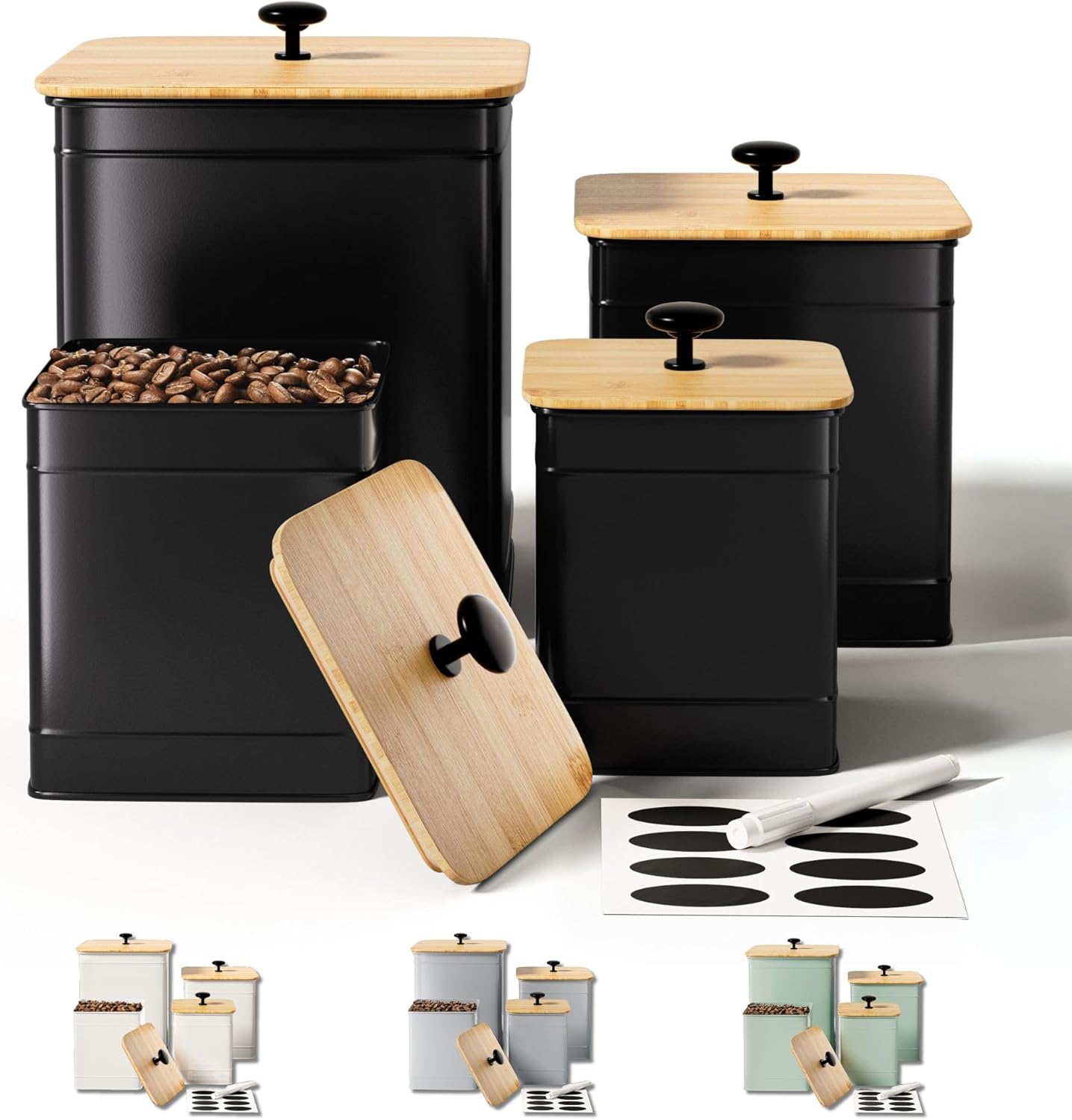 Kitchen Canisters for Countertop Set of 4 with Customizable Chalkboard Labels & Marker Pen - Big Iron Kitchen Canisters with Airtight Lids - Black Canister Set - Flour and Sugar Containers Farmhouse