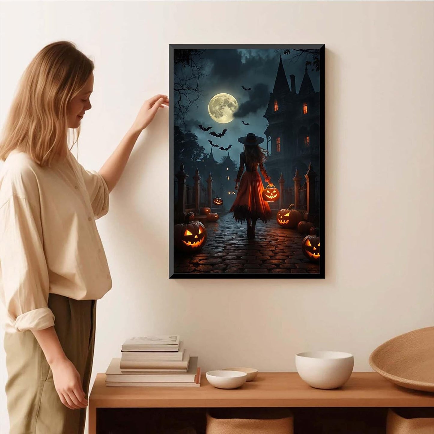 JFHCQJPK Halloween theme poster moonlit autumn night witch vintage poster art print dark college style gothic painting canvas wall decoration bedroom living room ideal gift20x30in Metal blackFramed