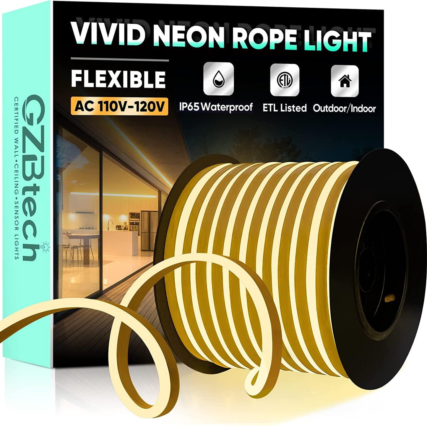 GZBtech Flexible LED Neon Rope Lights 100FT,AC 110-120V Waterproof Strip Light, 120 LEDs/M Cuttable Connectable Neon Lighting for Indoor Outdoor Home Decor/Commercial Building Use-Warm White 30M