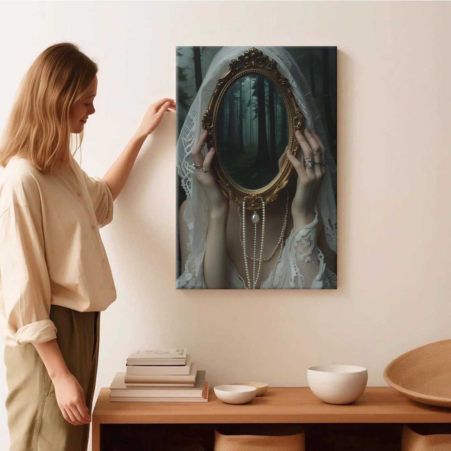 Mirror face covering dark art poster print melancholy gothic painting vintage feminine print victorian style decoration antique art24x36in Frameless