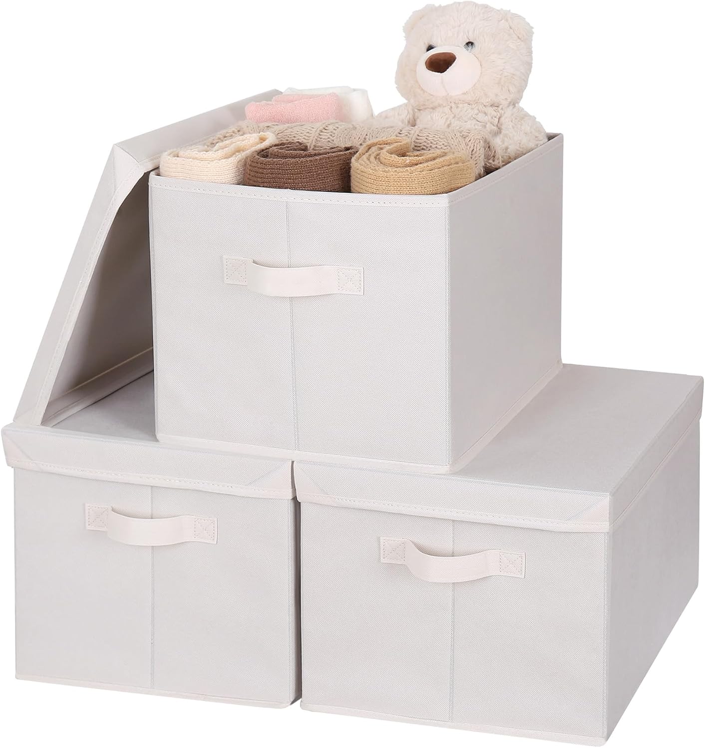 WUIKE Closet Storage Bin with Lids, Decorative Fabric Storage Bins for Clothes, Collapsible Storage Boxes for Home and Closet Organization, Beige, Extra Large, 3-Pack