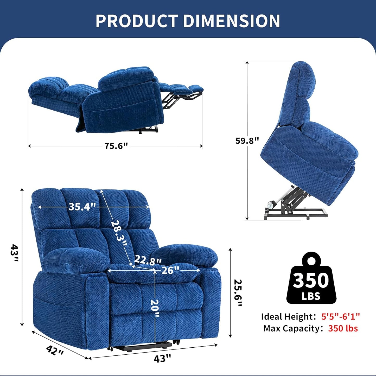 Dual Motor Power Lift Recliner Chair with Adjustable Headrest, Extended Footrest for Elderly,Oversized Recliner with Massage and Heat,USB Port,Type C,Cup Holders,Hidden Storage Box,Navy Blue
