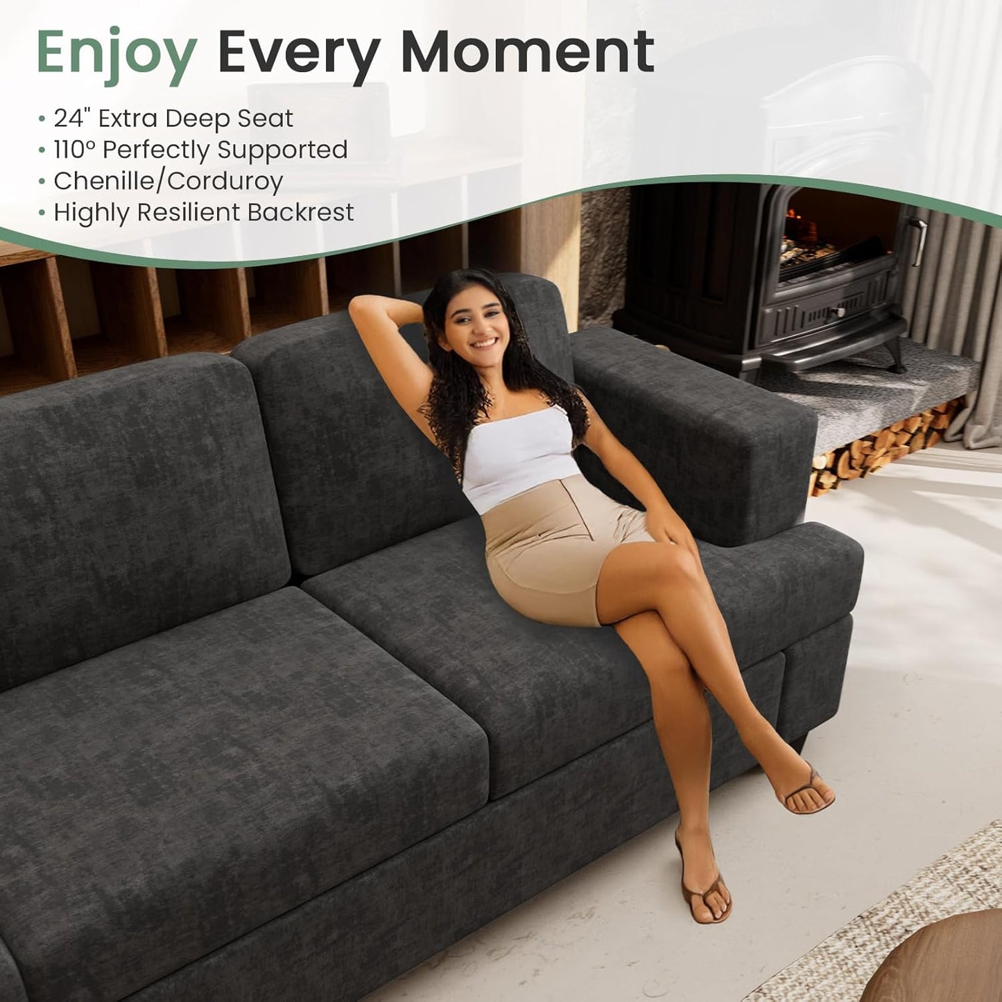 Sofa, 63” Comfy Loveseat Sofa with Deep Seats, Couch for Living Room, Modern Sleeper Couch, Dark Grey Chenille