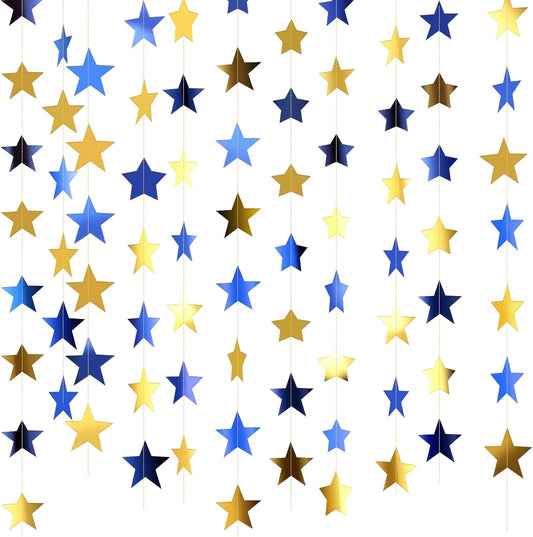 Patelai Glitter Star Garland Banner Decor 130 Feet Star Hanging Bunting Banner Twinkle Backdrop for Homecoming Classroom Wedding Birthday Halloween Christmas Party Supplies(Blue, Gold)