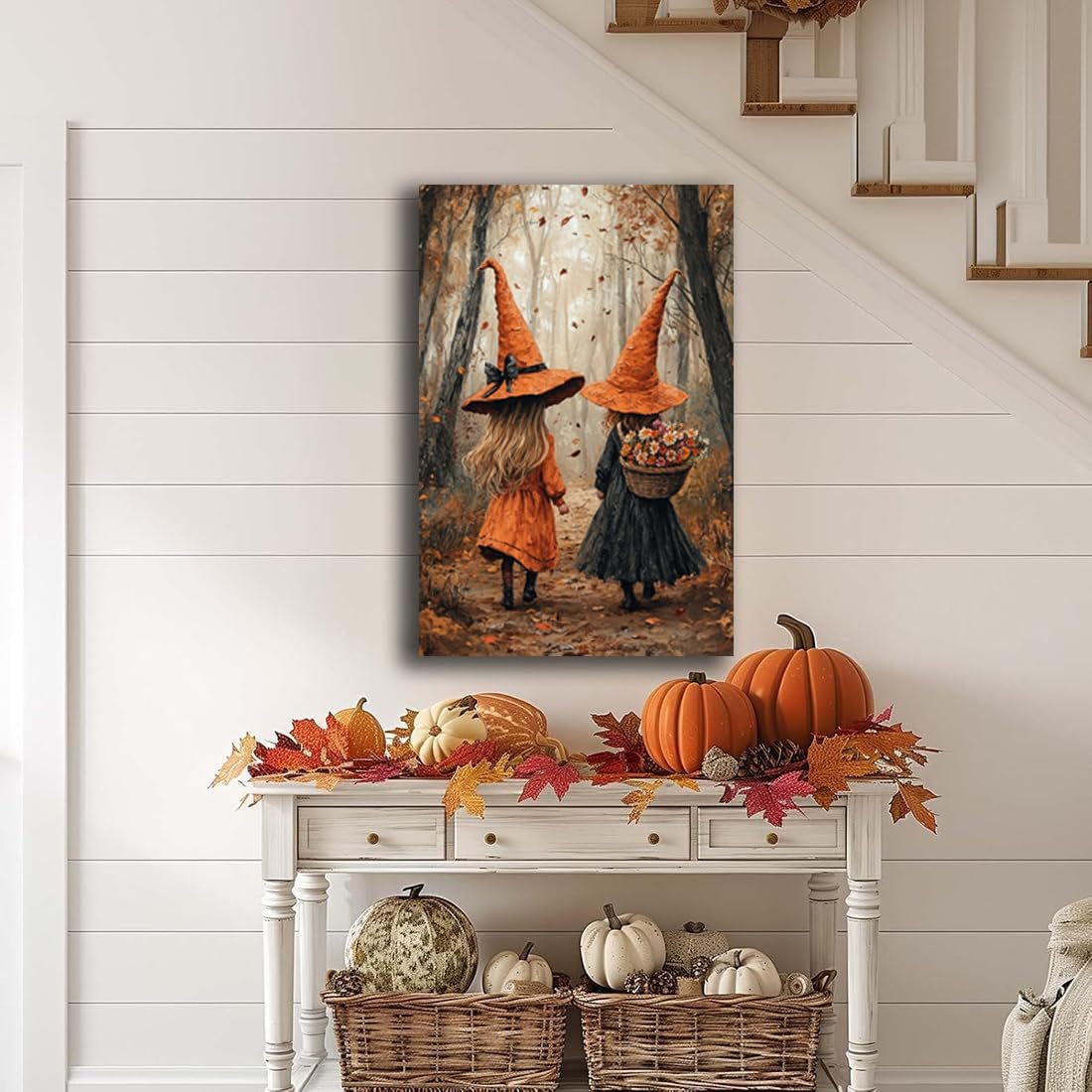 Fall Wall Art Witch Picture Decor,Little Girl Witch Halloween Wall Art, Vintage Autumn Whimsical Woodland Forest Picture, Family Room Nursery Playroom Children Room Decoration,24"x36" Framed