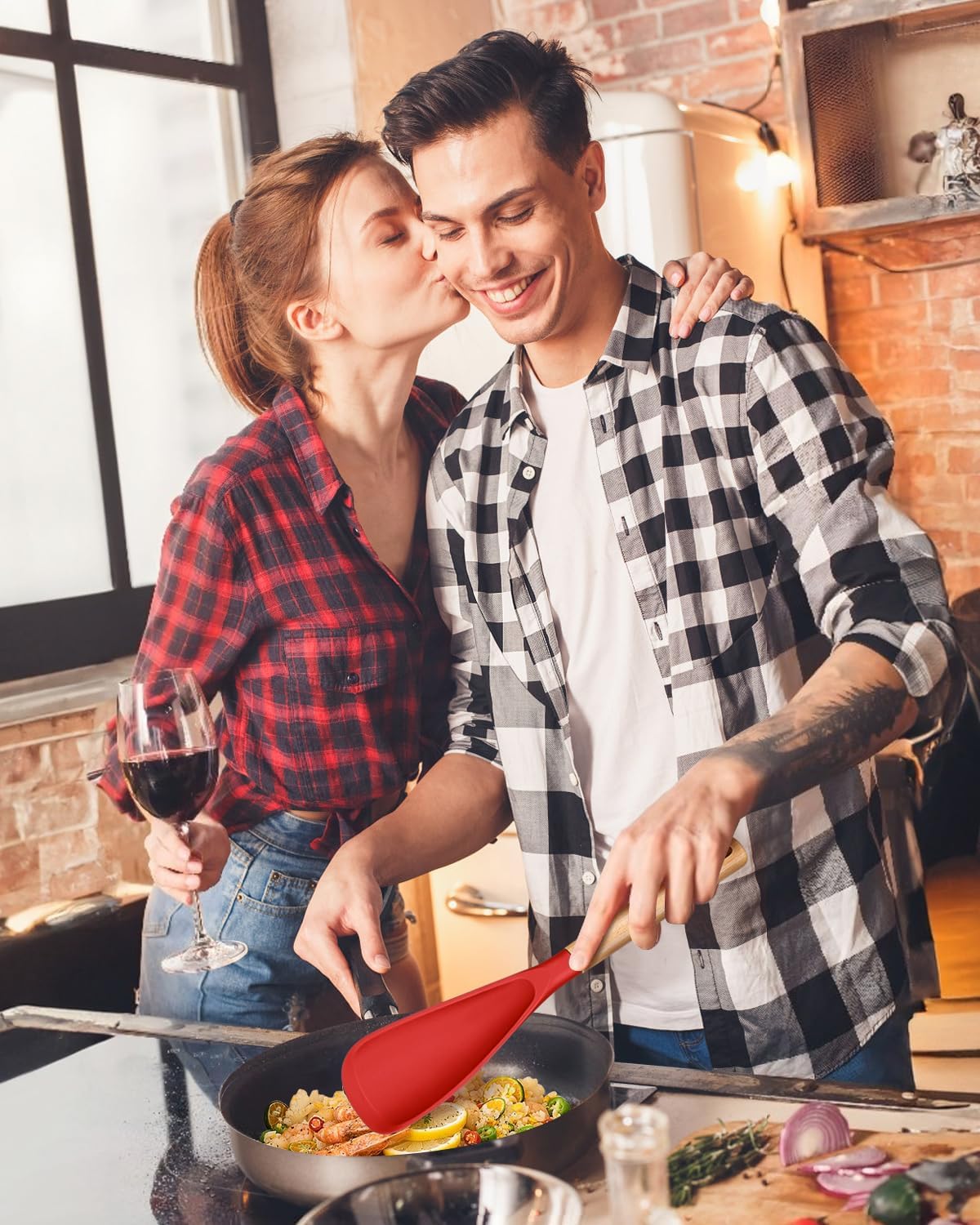 Multifunction Spatula Spoon for Nonstick Cookwares, Great for Cooking and Serving, Sturdy BPA-Free Matte Silicone, Wood Handle Spatula for Mixing, Scoop, and Scrape, Red(2 pack,11.4" & 13.4")