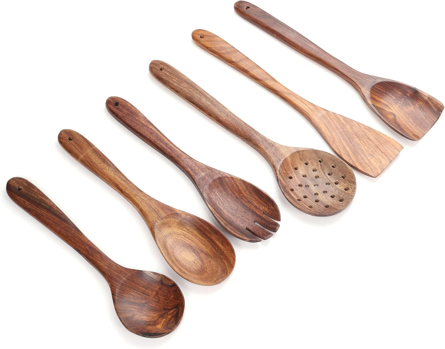 Wooden Spoons for Cooking Utensils Set with Holder, Spoon Rest & Hooks, Teak Wood Nonstick Kitchen Cookware