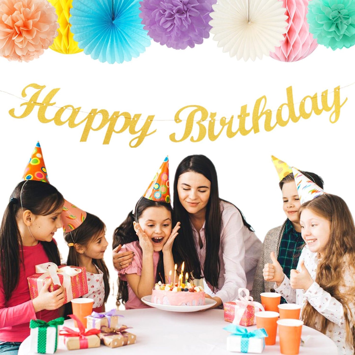 Pastel-Rainbow Colorful Birthday Party-Decorations Paper-Flowers - 14pcs Happy Banner Carnival Theme Lanterns Tissue Pom Poms,Macaron Streamers Garland Fans Honeycomb Hanging Supplies Decor Hugfond