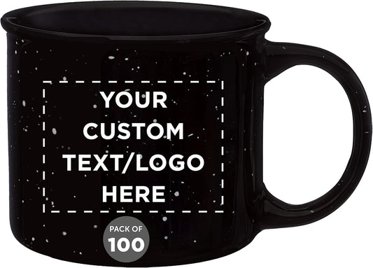 DISCOUNT PROMOS Custom Ceramic Campfire Coffee Mugs 13 oz. Set of 100, Personalized Bulk Pack - Perfect for Tea, Espresso, Cappuccino, Hot Cocoa - Black