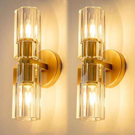 Gold Crystal Wall Sconces Set of Two, Wall Sconce Set of 2, Brass Sconces Wall Lighting with K9 Crystal Lampshade, Wall Lights for Bedroom Living Room Bathroom Hallway