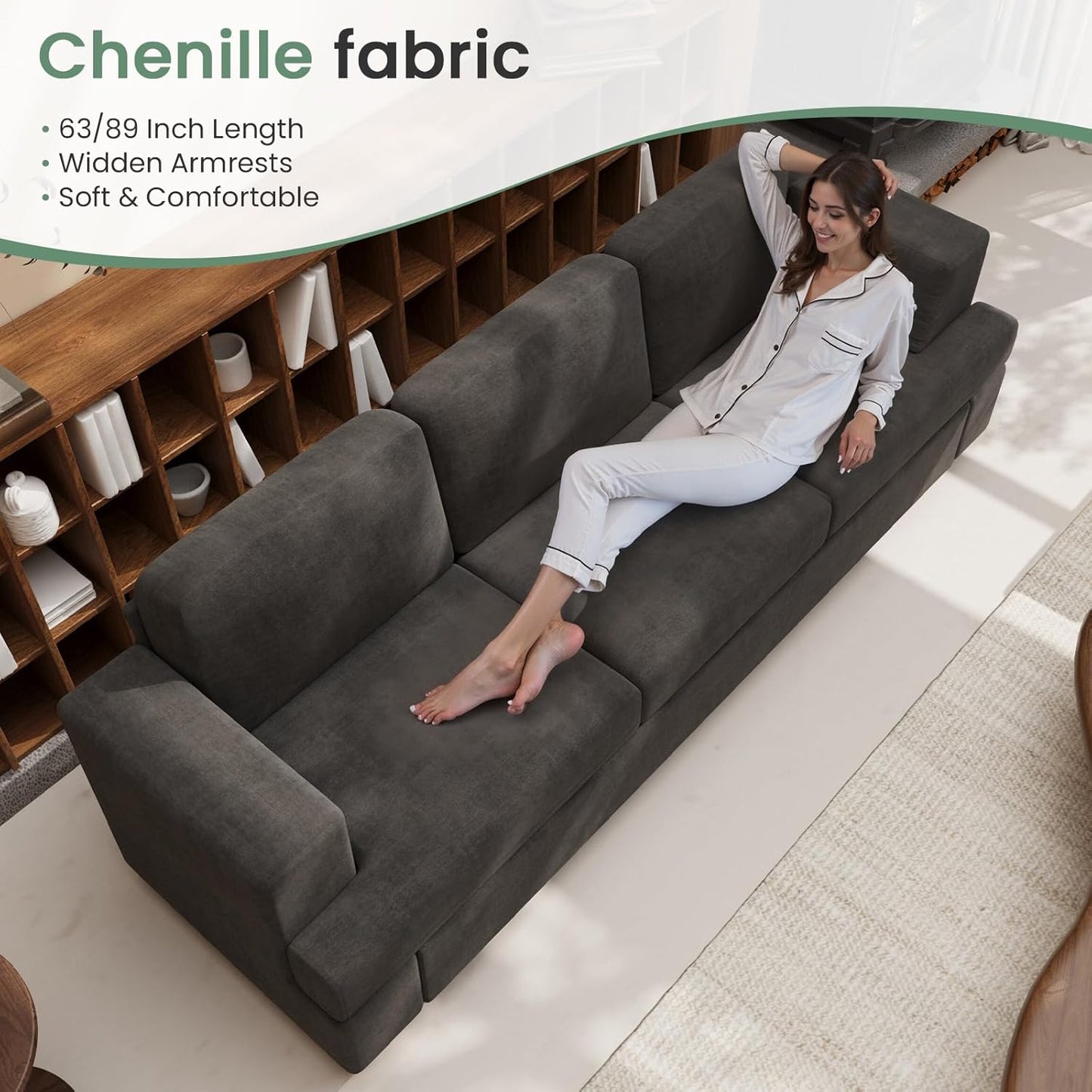 Sofa, 89" 3-Seater Deep Seat Sofa, Modern Comfy Couches for Living Room Apartment Lounge, Dark Grey Chenille