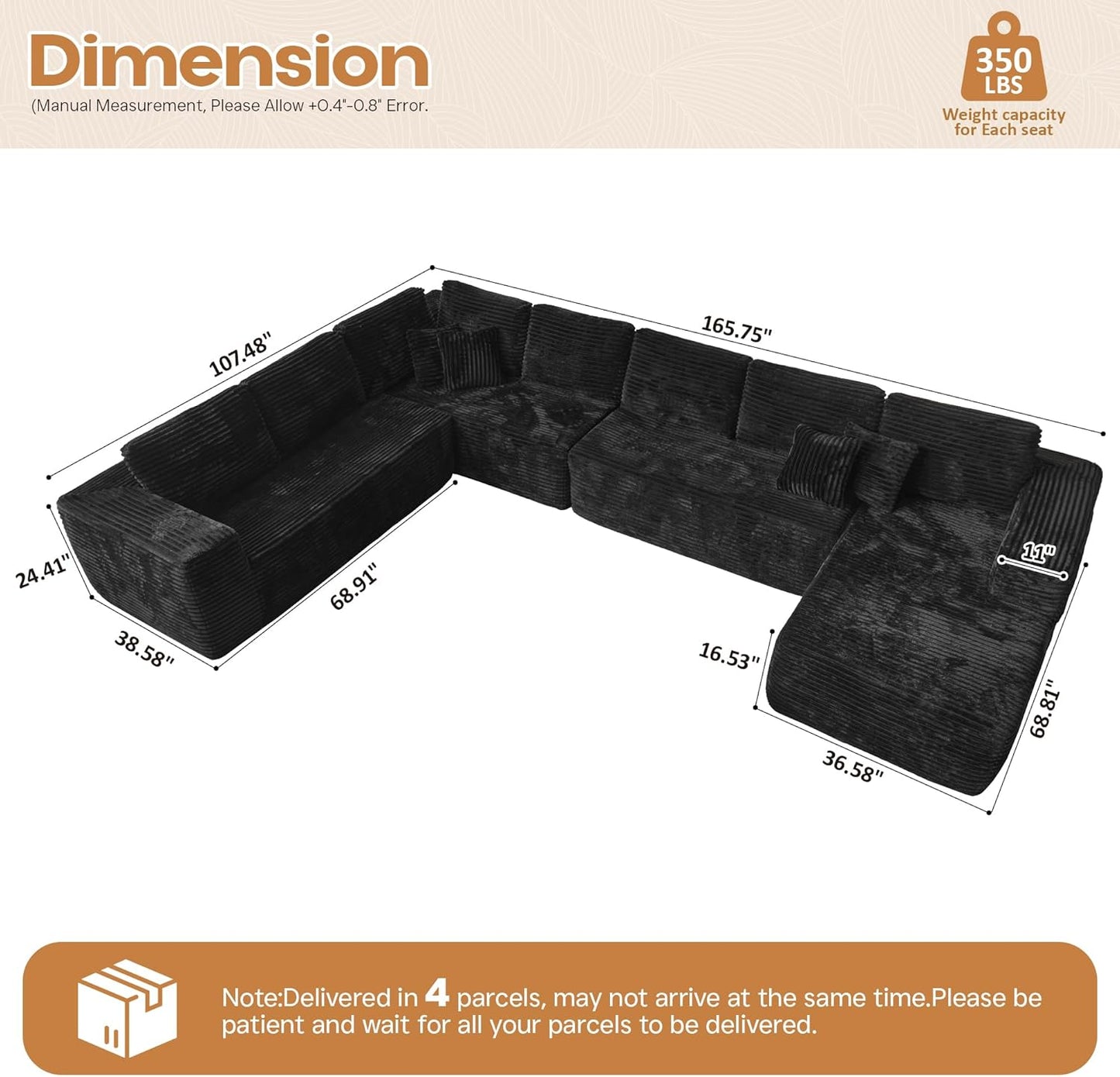 Cloud Sectional Couches for Living Room,U Shaped Modular Sofas No Assembly,165x107 Inches Plush Corduroy Oversized Floor Couch Set with Deep Seat Chaise,Black