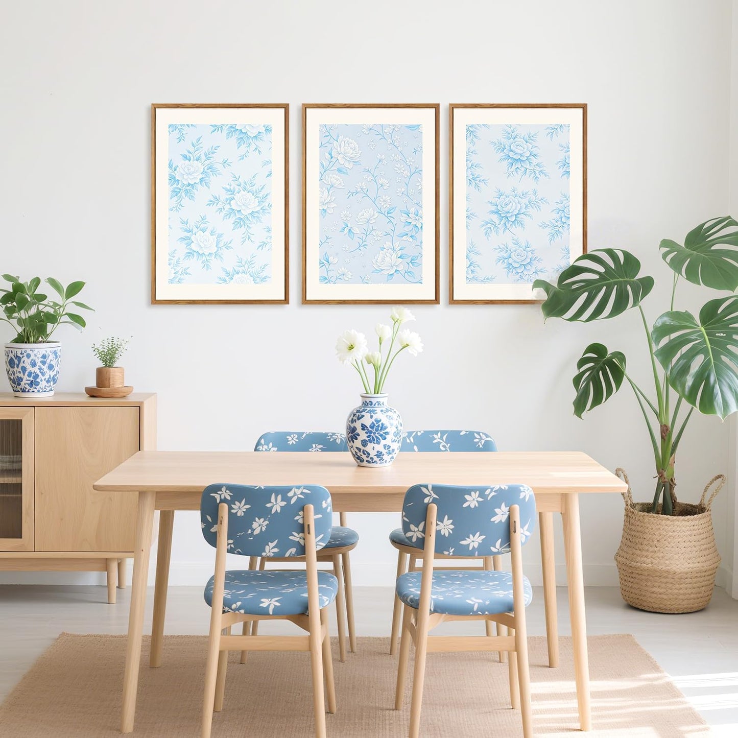 HPNIUB Large Classic Chinoiserie Floral Framed Canvas Wall Art Set, Watercolor Blue and White Flower Rose Wall Decor, Blue Minimalist Wildflower Art Print for Living Room,Bedroom,Office-16 x24 x3