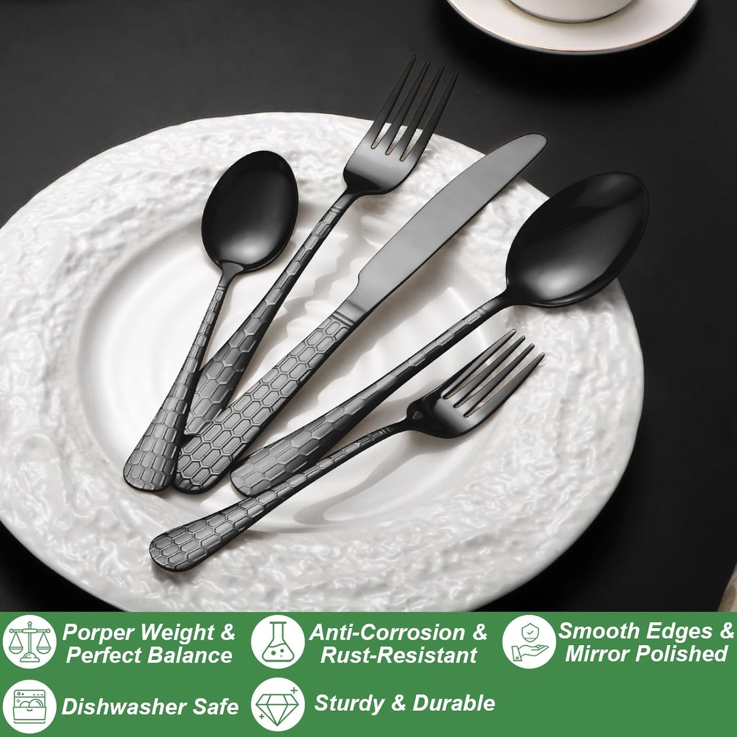 20 Pcs Black Silverware Set for 4 with Water Cube Handle design, Food Grade Stainless Steel Flatware Set, Eating Utensils Sets Include Fork/Knife/Spoon, Reusable Cutlery Set, Dishwasher Safe