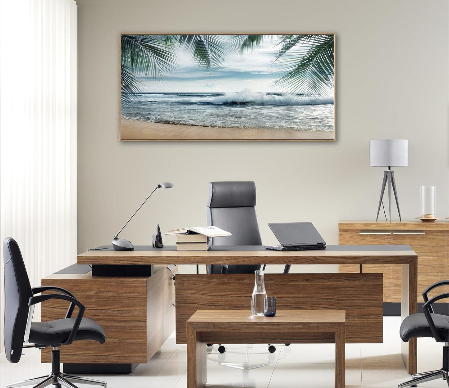 Framed Tropical Beach Wall Art - Ocean Waves Canvas Pictures Coastal Blue Sky and Sea Print Seaside Palm Tree Leaves Scene Painting Artwork Living Room Bedroom Office Home Decor 24" x 48"