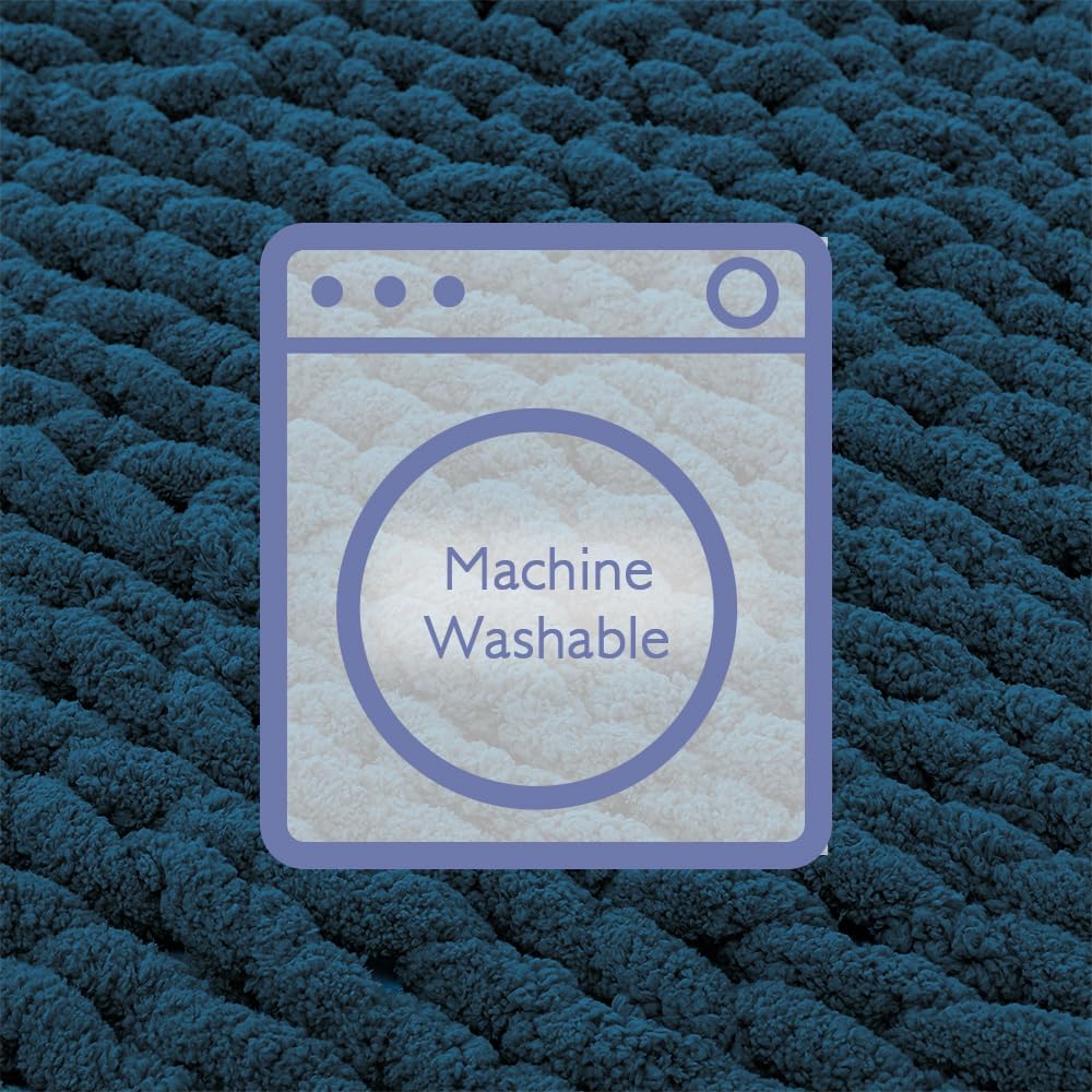 Bigacogo Chunky Knit Throw Blanket for Couch, 40x60 inches, 100% Hand Knitted with Thick Jumbo Chenille Yarn, Cozy Soft Large Rope Knot Cable Crochet Blankets for Sofa Bed Living Room, Deep Sea Blue