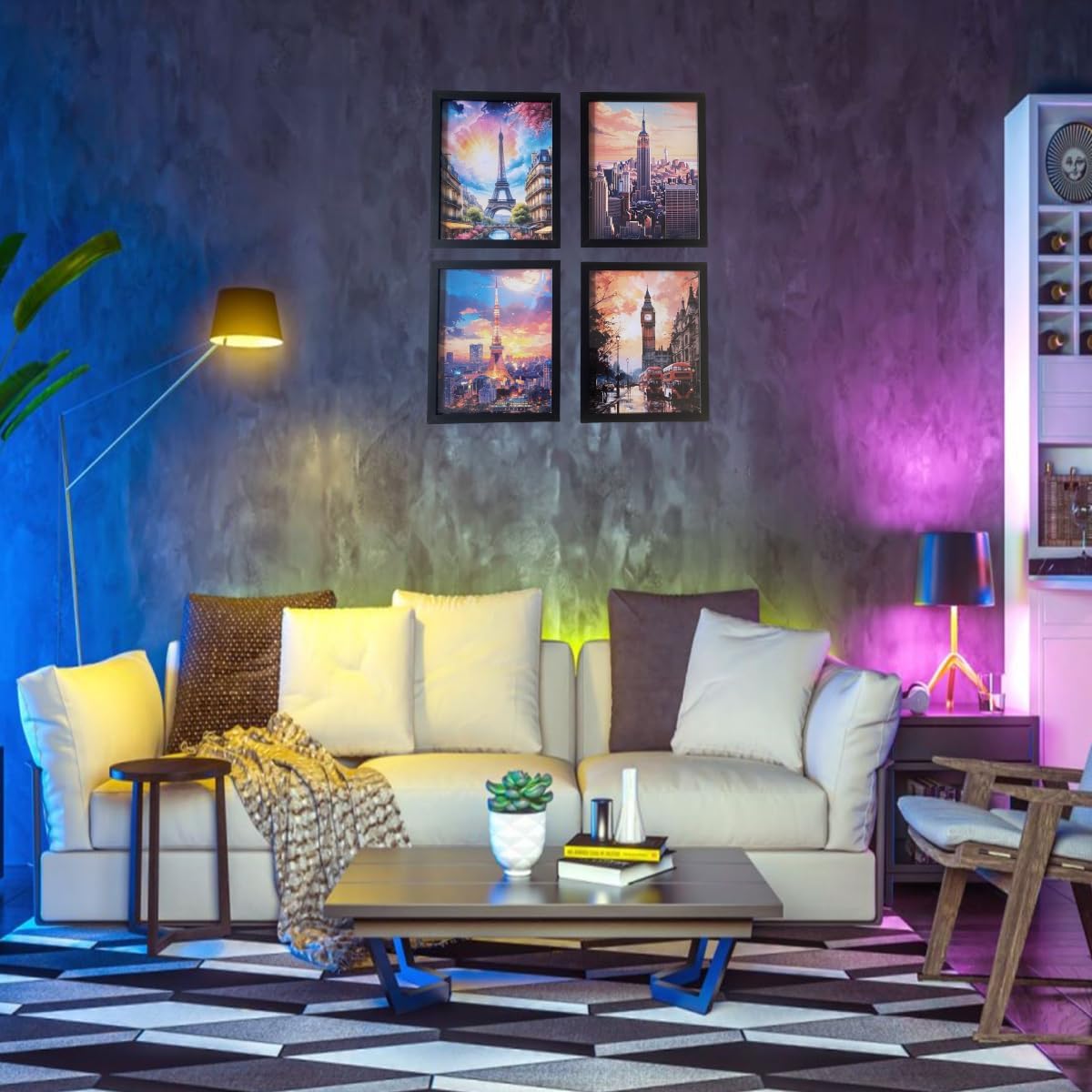 Boho Wall Art Decor,New York, London, Tokyo, Paris, Eiffel Tower,City Wall Decor Art,Modern Landscape Wall Art for Living Room Bedroom Prints Poster,8x10 Inch Set of 4,Framed