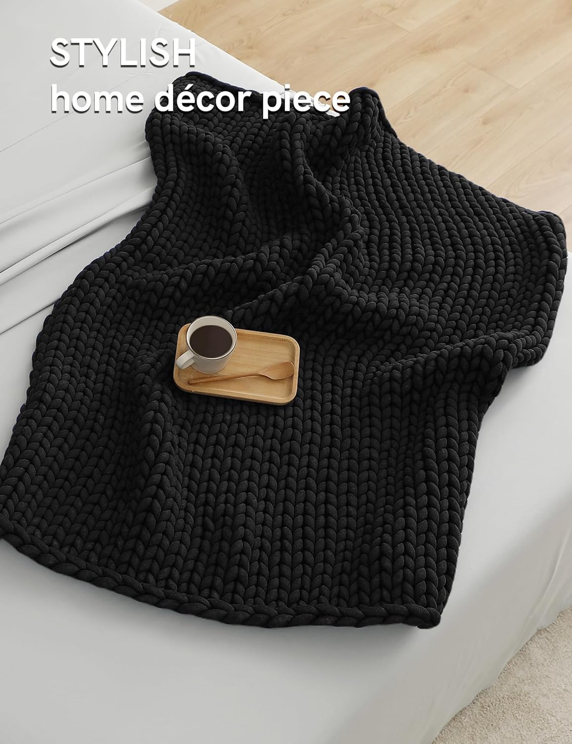 YnM Chunky Throw Blanket, Medium-Weight, Hand Knitted, Skin Friendly, Ventilated and Breathable, Machine Washable, Home Décor Piece for Couch, Sofa and Bed (Black, 40x50 Inch)