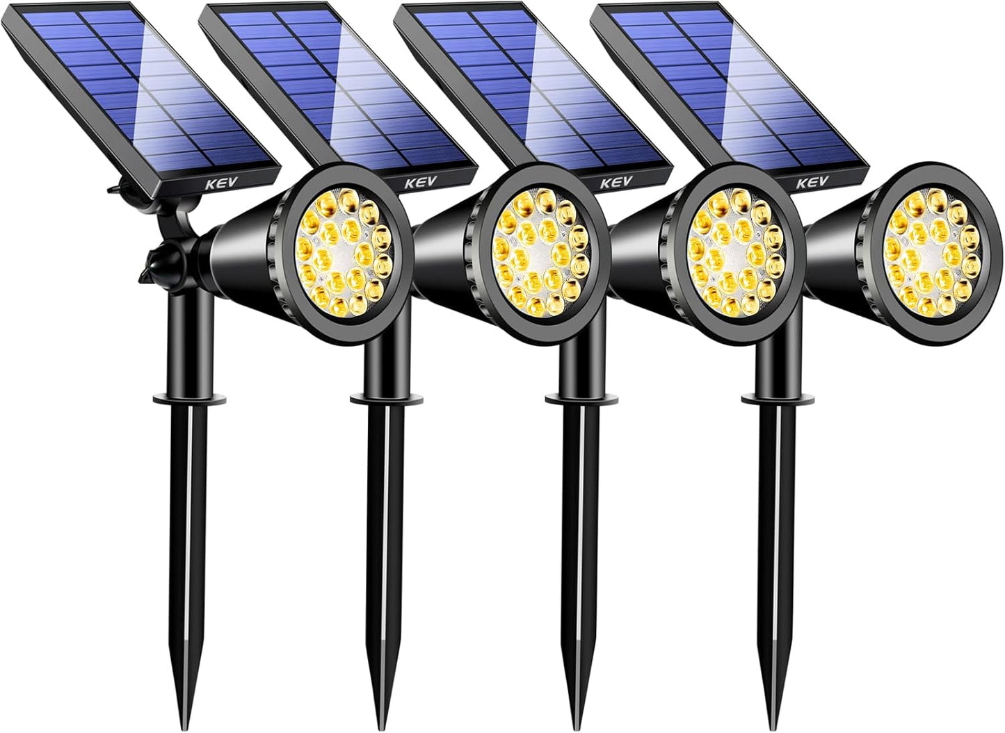 KEV 800 Lumens Solar Spot Lights Outdoor,4 Pack 18 LEDs Solar Flood Lights with 2 Modes &Adjustable &IPX65 Waterproof,Solar Spotlight for Driveway/Backyard/Patio Landscape/Tree/Garage(Warm White)