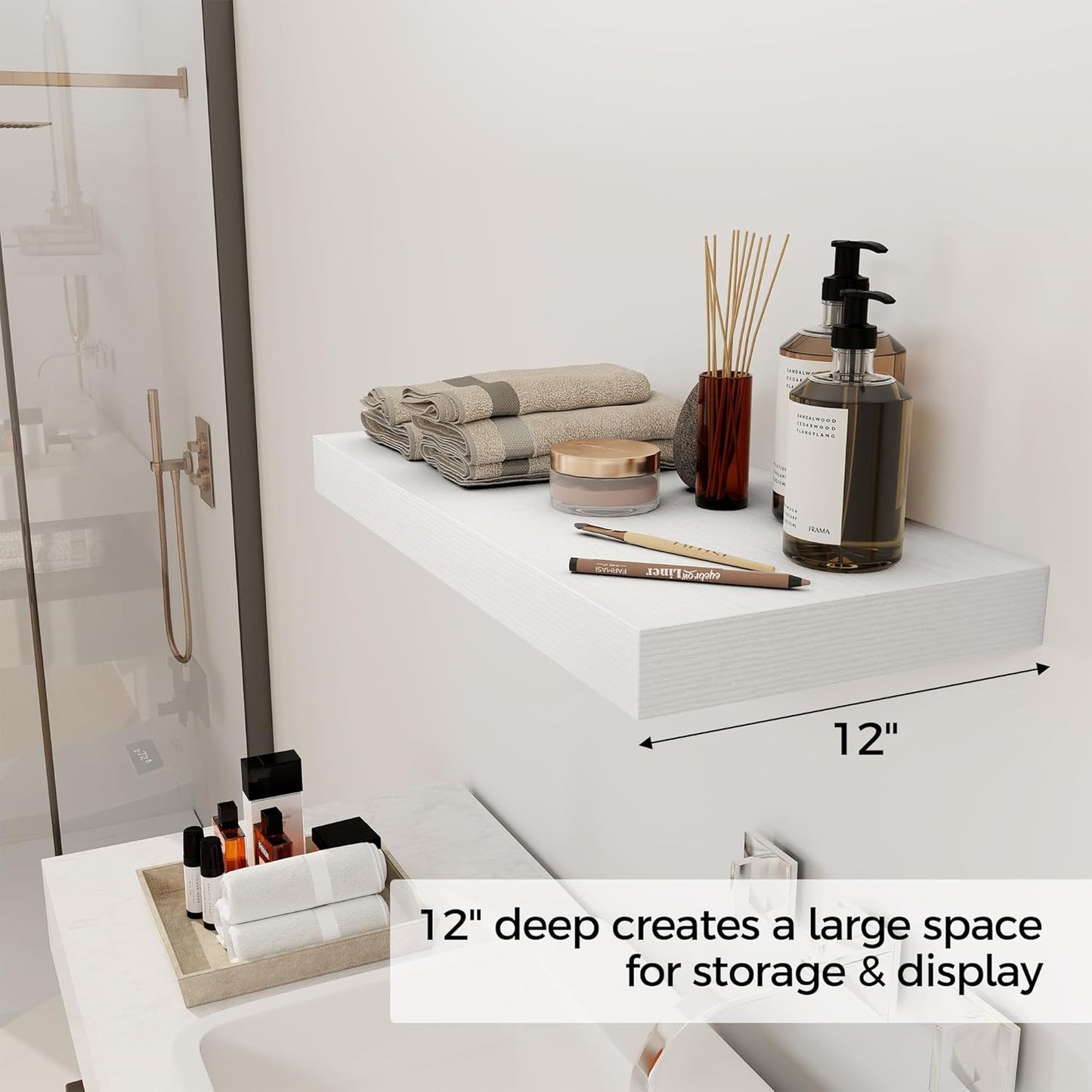 12 Inch Deep White Floating Shelves, 24 x 12 Floating Shelf for Books, Rustic Wood Deep Wall Shelves for Home Storage & Display, 2" Thicked Shelves for Kitchen, Living Room, Bedroom, 1 Pack