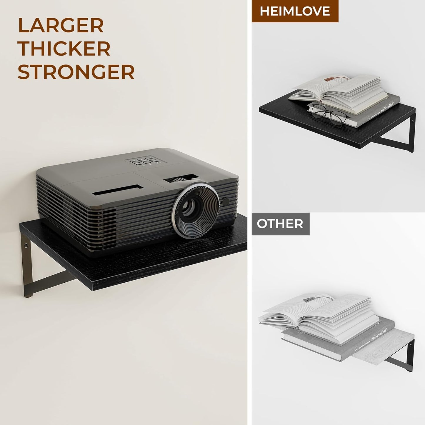 Heimlove 24" W x 12" D Wall Shelves for Books, 12 Inch Deep Floating Shelves Set of 3, Wide Floating Bookshelf with Metal Bracket for Living Room, Kitchen, Office, Bedroom and Decor Storage - Black