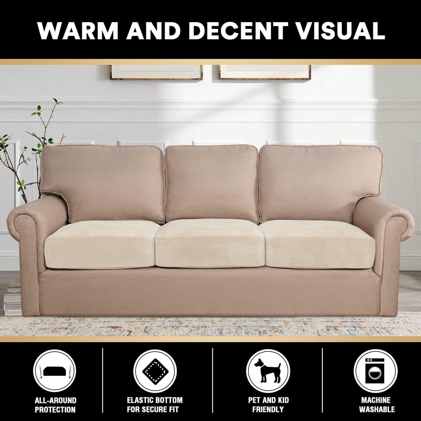 PrinceDeco Sectional Couch Cushion Covers 3 Pieces Velvet Separate Couch Cover Extra Large Stretch Sofa Slipcover Washable Furniture Protector for Sectional Sofa(Each Width Up to 40", Ivory)