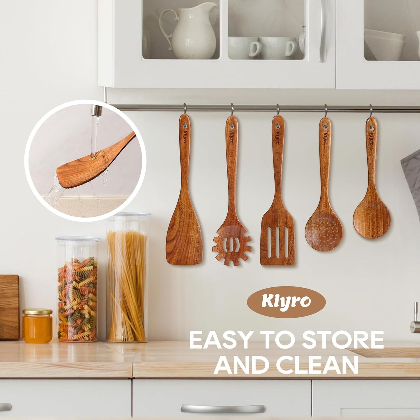 Teak Kitchen Utensils Set, 5 Piece Premium Wooden Cooking Utensils Set, Non-Stick Heat-Resistant Wooden Spoons for Cooking, New Apartment Essentials