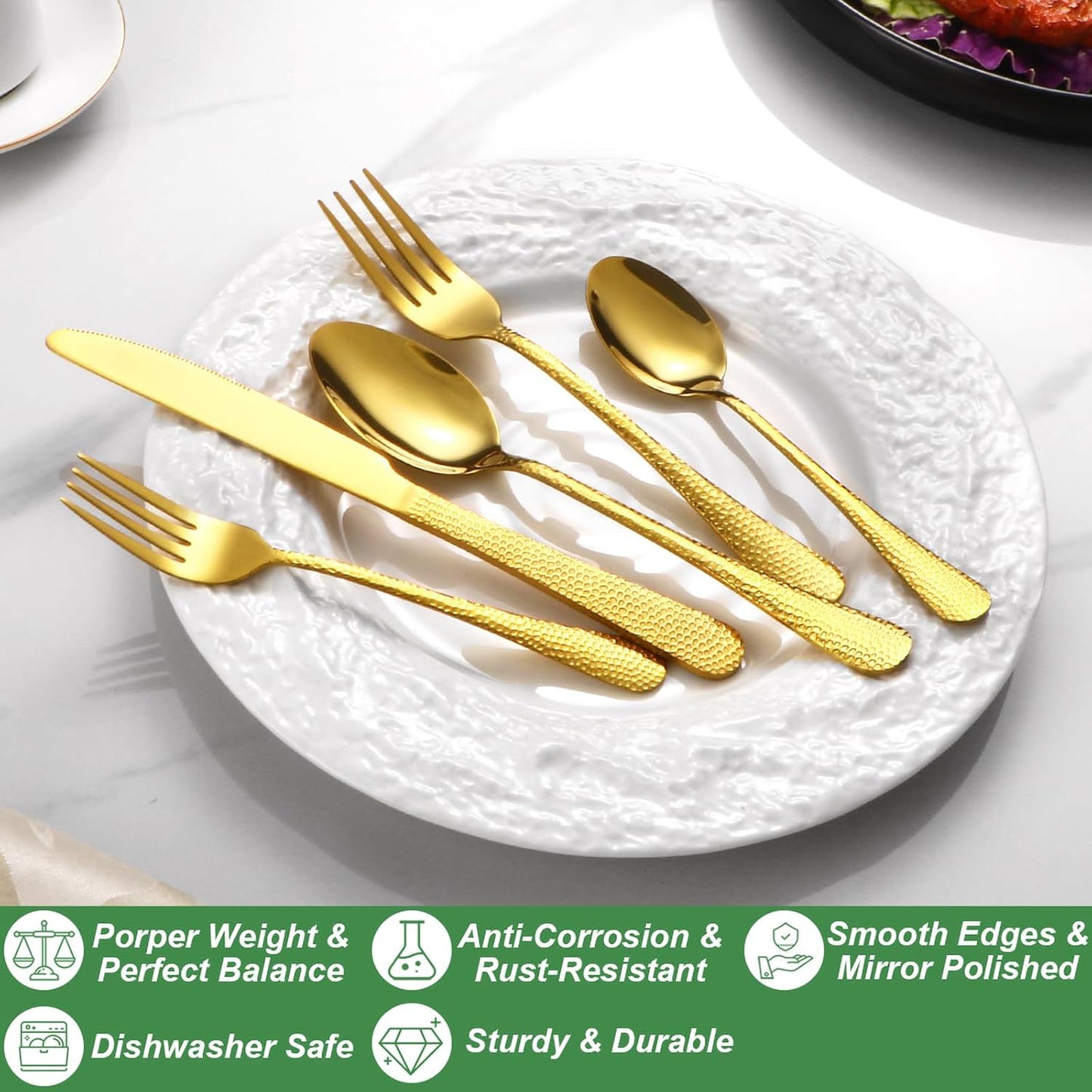 40 Pcs Gold Silverware Set for 8 with Hammered Design, Food Grade Stainless Steel Flatware Set, Eating Utensils Sets Include Fork/Knife/Spoon, Cutlery Set, Dishwasher Safe