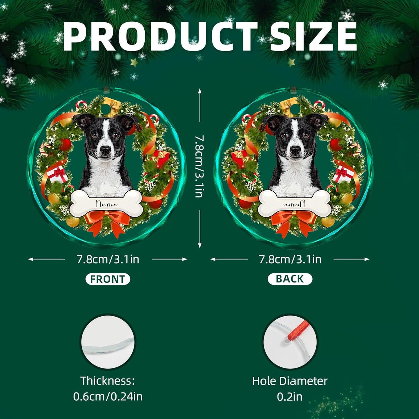 Personalized Christmas Ornaments, Custom Glass Ornament with Photo,Customized Christmas Tree Decor Gifts for Pet, Wreath Bone