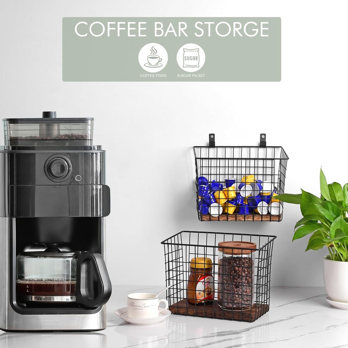 Wall Hanging Baskets 3 Pack, Large Diversified Wire Basket Shelves of Wooden Style, with Wall Mounted Metal Hooks & Traceless Stickers, for Kitchen Coffee Bar Office Room Garage Storage Organization