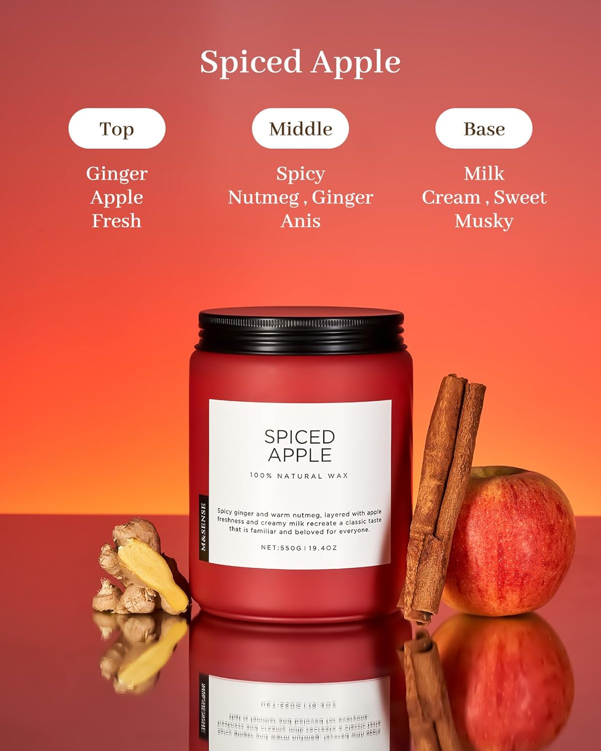 M&SENSE Spiced Apple Scented Candles for Home Natural Soy Wax 19.4oz 110 Hours Large Long Lasting Highly Scented Classic Christmas Holiday 2 Wicks Candle Gift Home Decor