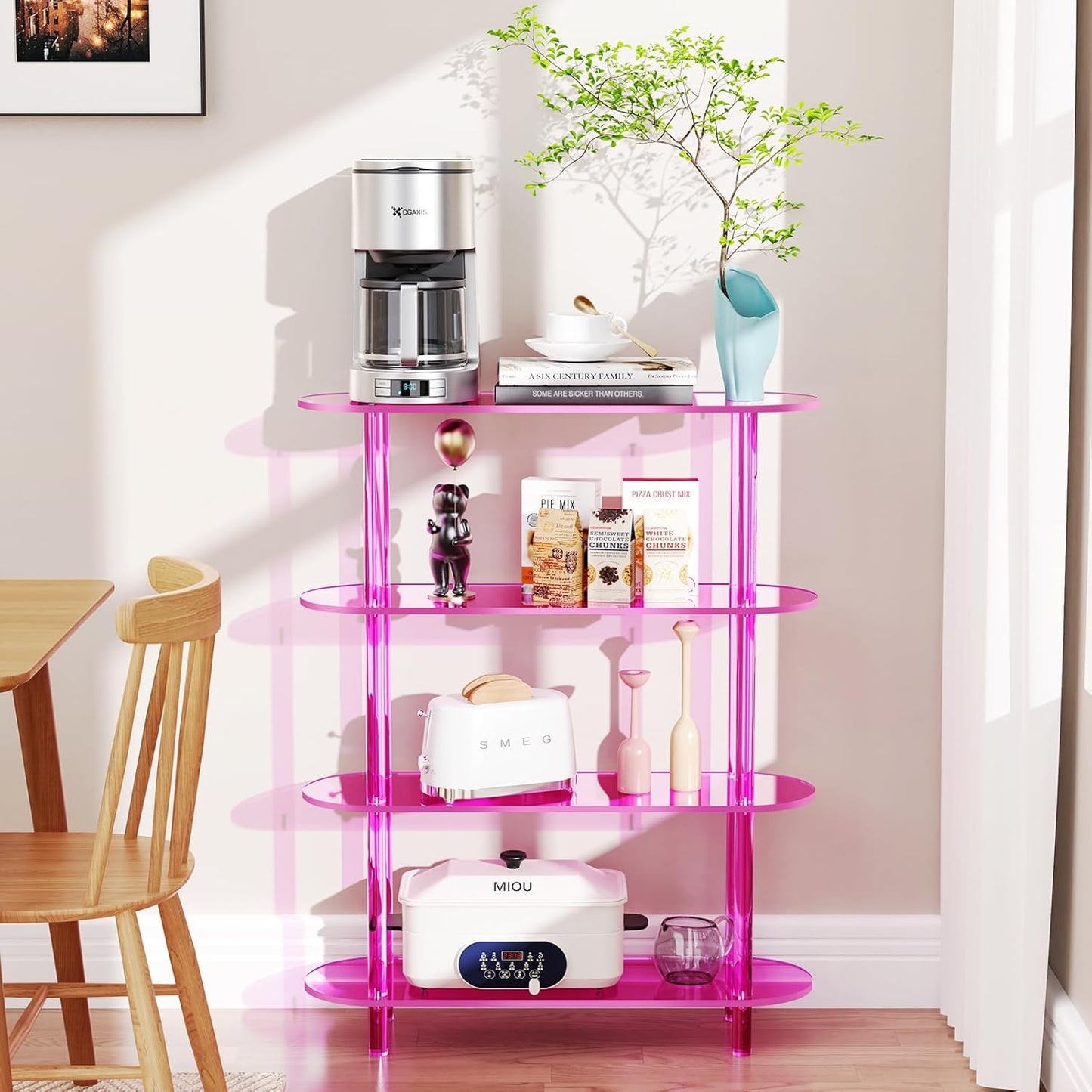 Clear Bookshelf, Acrylic Bookcase with Open Book Shelf Console Table for Entryway Office (4 Tier Pink)