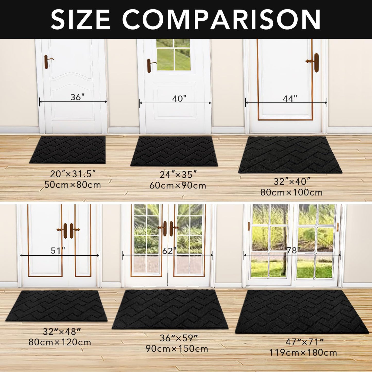 hicorfe Indoor Doormat,Front Back Door Mat Rubber Backing Non Slip Door Mats 47"x71" Absorbent Resist Dirt Entrance Doormat Inside Floor Mats for Entryway Washable Low-Profile (Black)