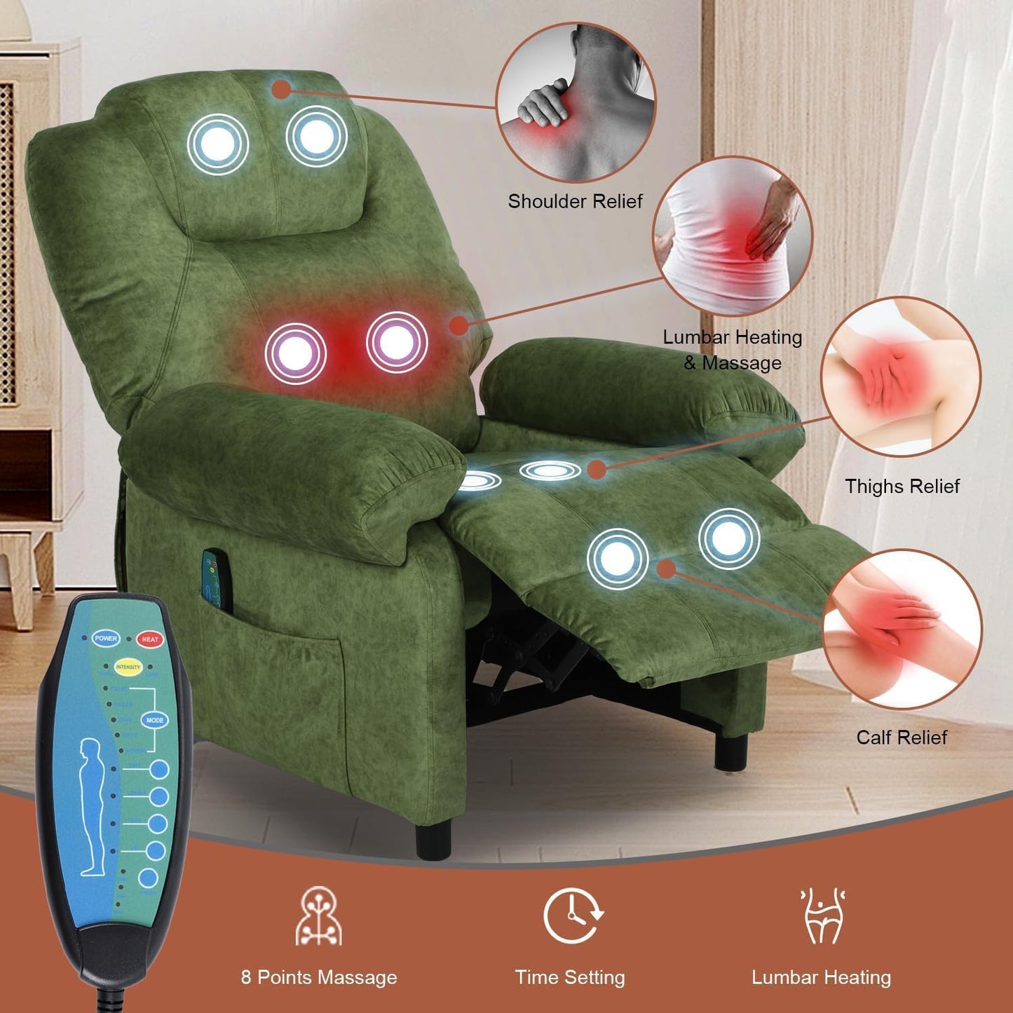 KCREAM Green Massage Recliner Chair, Small Recliners for Small Spaces, Overstuffed Recliners Living Room Chairs for Adults Fabric Manual Recliner Chairs with Heating Single Sofa Chair