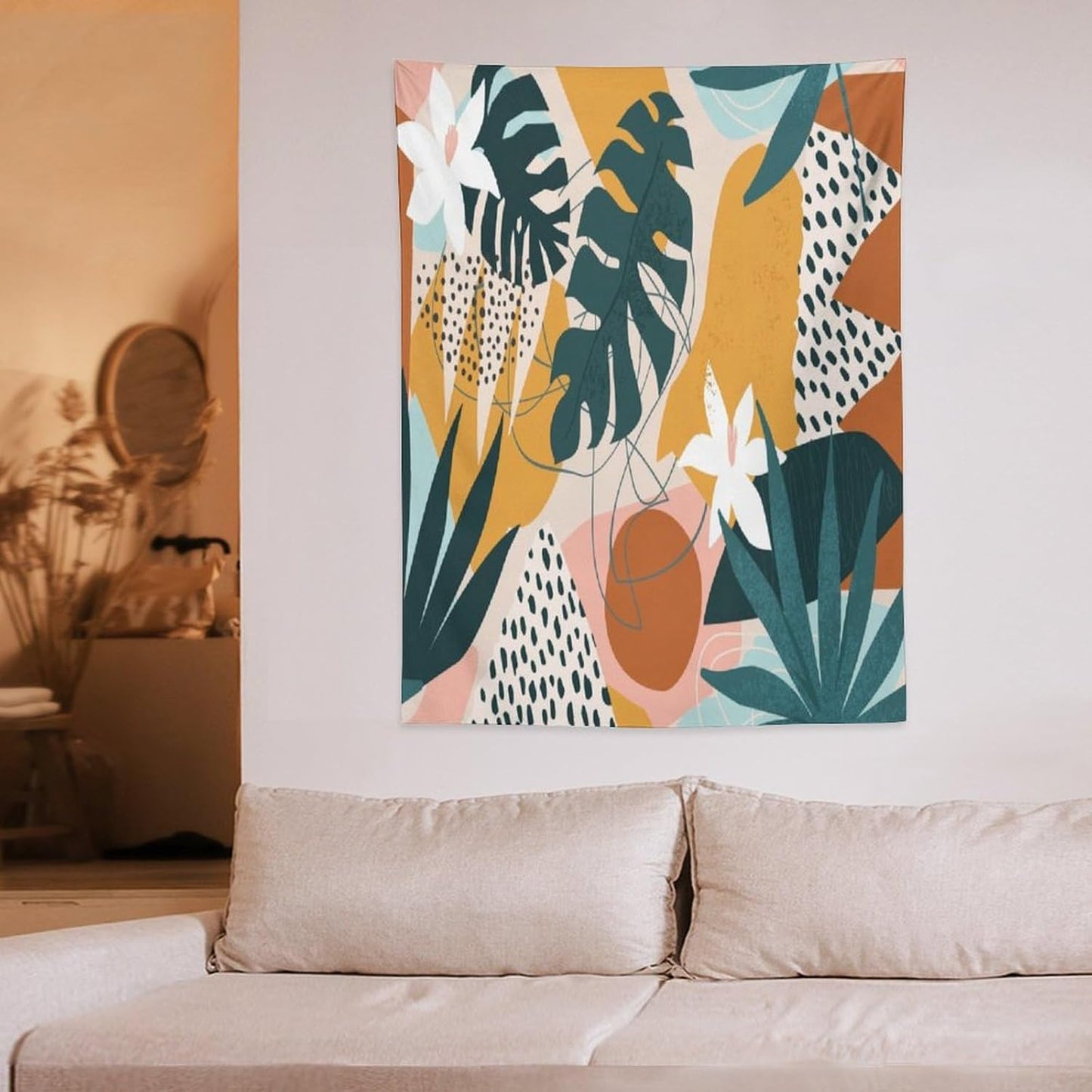 Abstract Bohemian Mid Century Tapestry, Tropical Leaves Modern Geometric Archway Minimalist Bohemian Botanical Aesthetic Wall Hanging, Sage Green Gold Home Decor Art for Bedroom 30x40 Inch