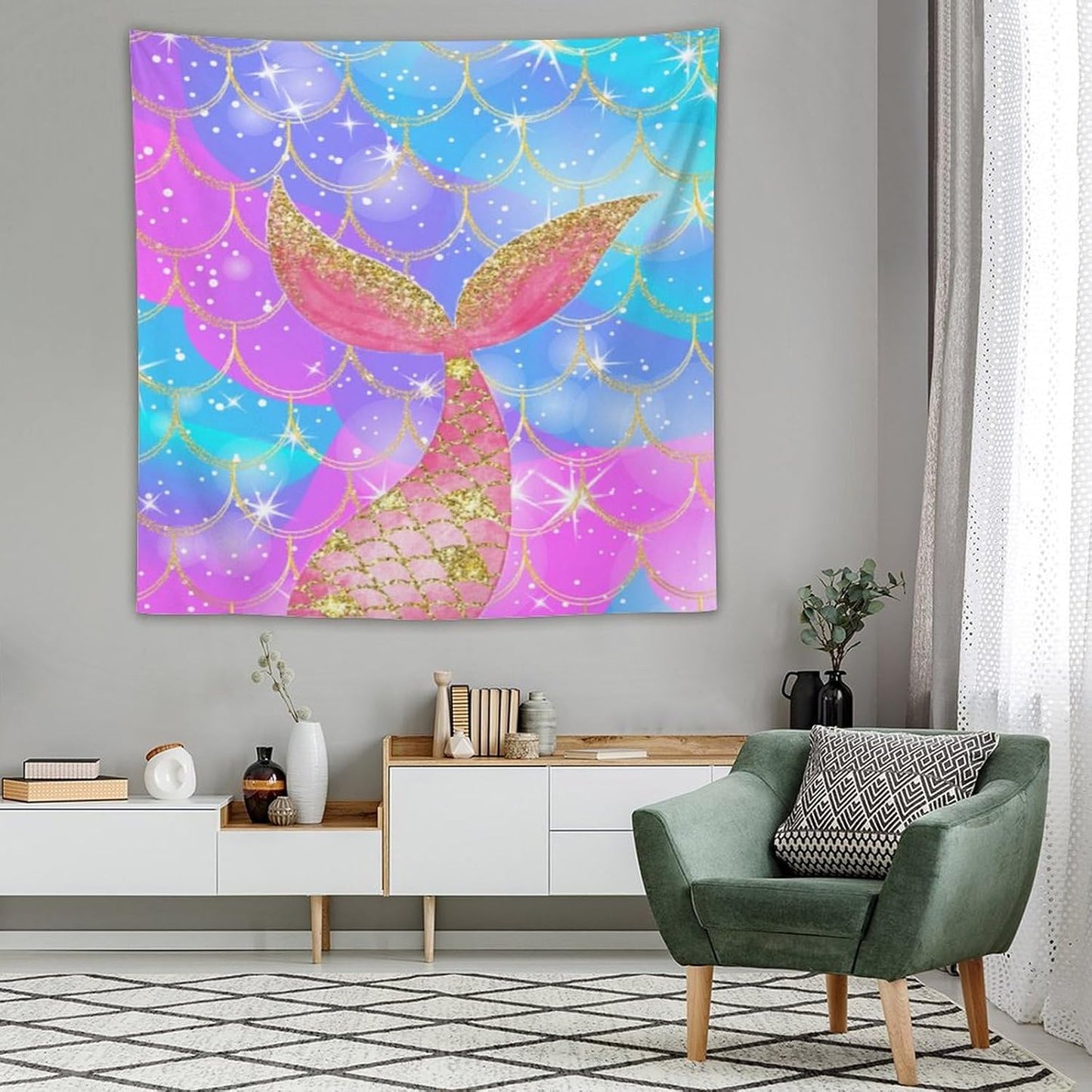 HZOHNAGO Mermaid Scales Tapestry Colorful Shiny Scales Mermaid Tail Pattern Printed Wall Tapestry Wall Hanging for Bedroom Living Room Dorm 60" W x 60" H