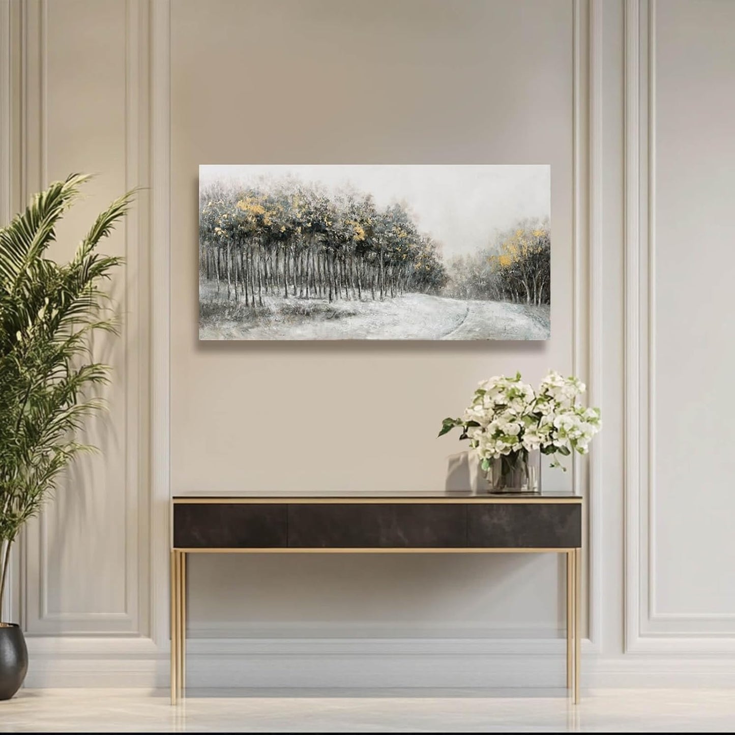 CHUDANHAO Minimalist Wall Art Grey and White Forest Wall Decor Gold Foil Artwork for Walls Nature Posters for Kitchen Dining Room 24x48 Inch